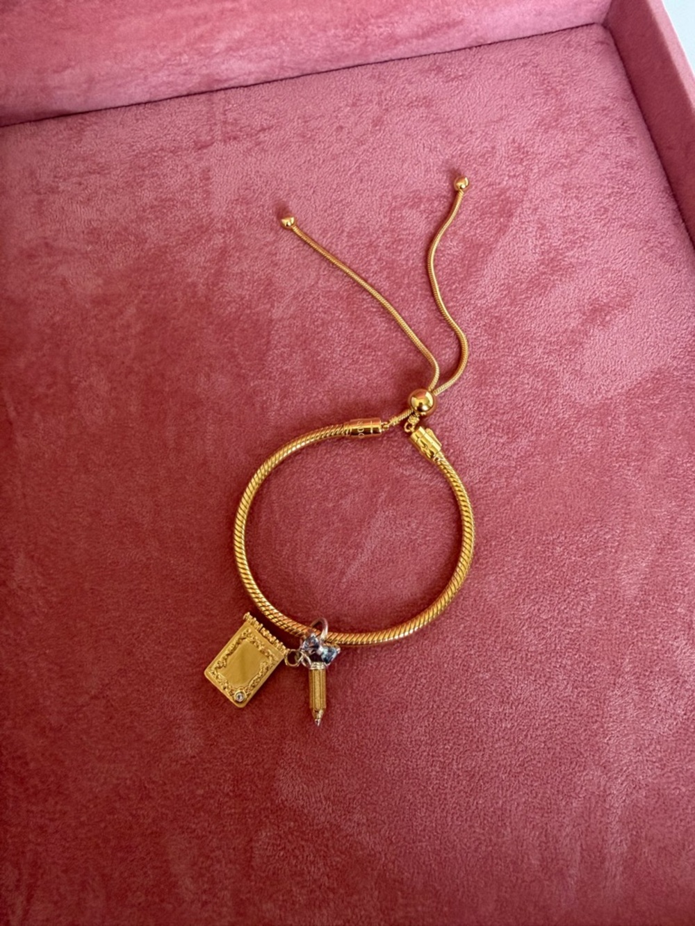 Pandora Bridgerton Gold Tone Adjustable Bracelet with Card & Crystal Drop Charms